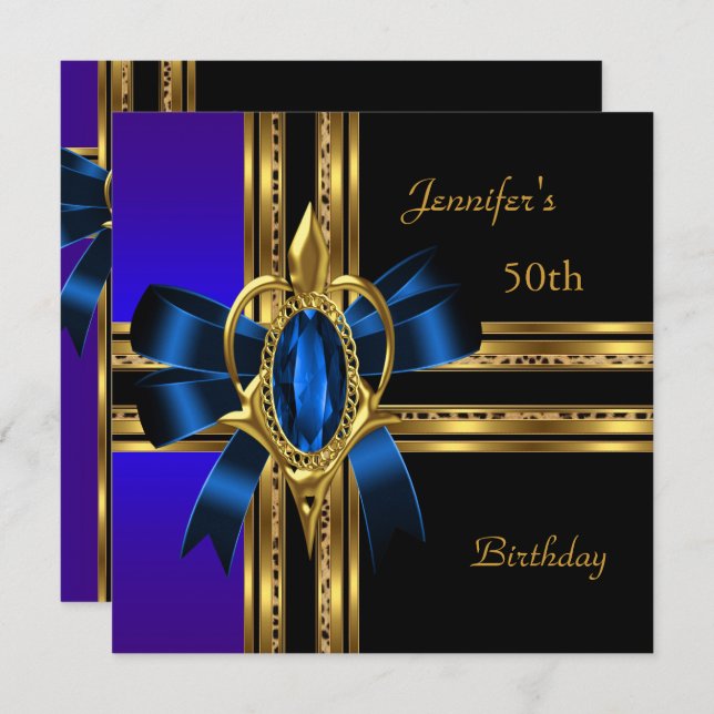 50th Birthday Party Blue Gold Heart Jewel Invitation (Front/Back)