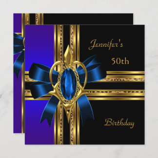 50th Birthday Party Blue Gold Heart Jewel Invitation