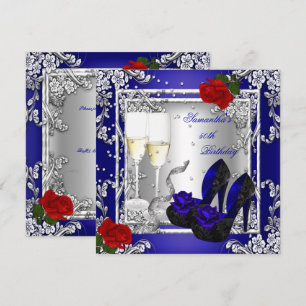 50th Birthday Party Blue Red Rose Silver Invitation