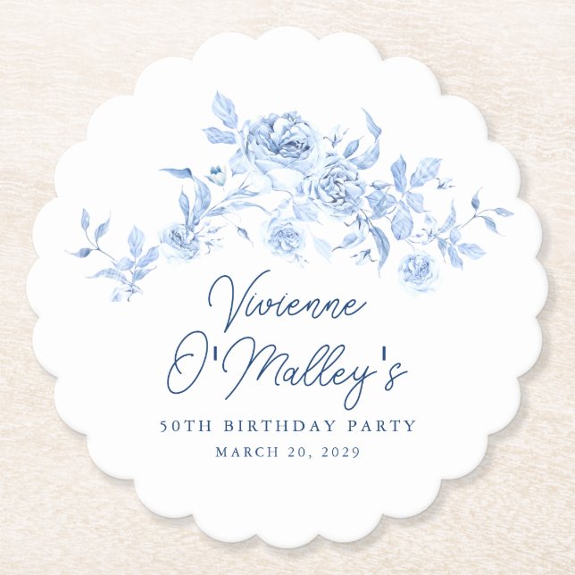 50th Birthday Party Blue Rose Floral Custom Paper Coaster (Front)