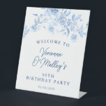 50th Birthday Party Blue Rose Floral Welcome Pedestal Sign<br><div class="desc">Welcome your guests in style with this blue floral welcome sign. All text is editable.</div>