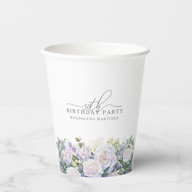 50th Birthday Party Blue White Floral Custom Paper Cups (Front)