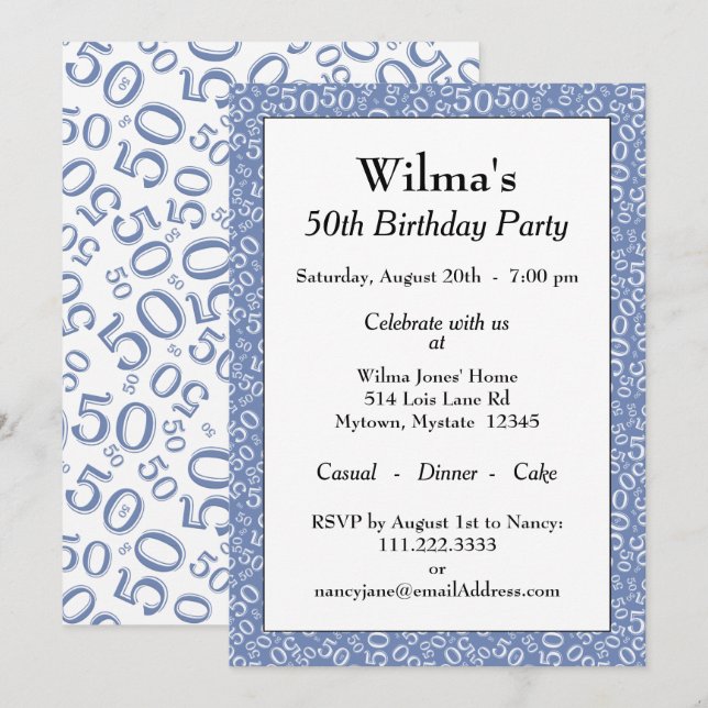 50th Birthday Party Blue/White Number Pattern Invitation (Front/Back)