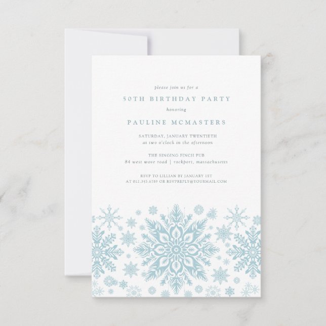 50th Birthday Party Blue White Snowflake Winter Invitation (Front)
