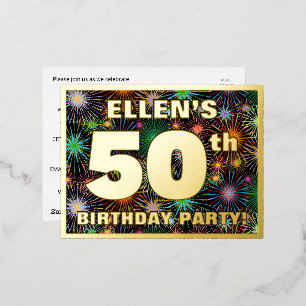 50th Birthday Party: Bold, Colourful Fireworks Loo Foil Invitation Postcard