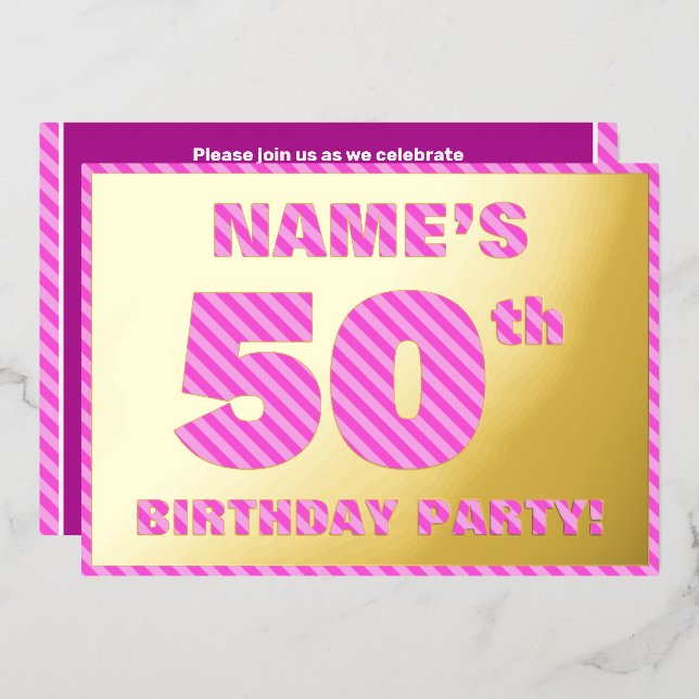 50th Birthday Party — Bold, Fun, Pink Stripes # 50 (Front/Back)