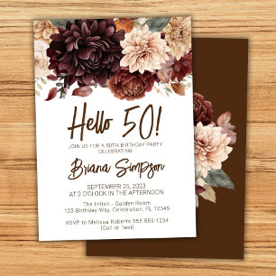 50th Birthday Party Brown Beige Flowers Floral Invitation