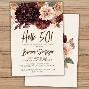 50th Birthday Party Brown Beige Ivory Floral Invitation