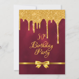 50th birthday party burgundy gold bow glitter drip invitation