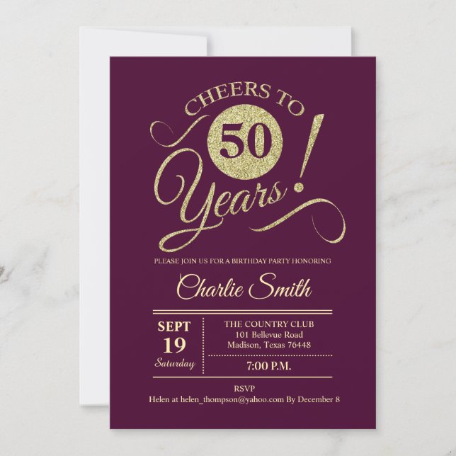 50th Birthday Party - Burgundy Gold Invitation (Front)