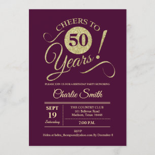 50th Birthday Party - Burgundy Gold Invitation
