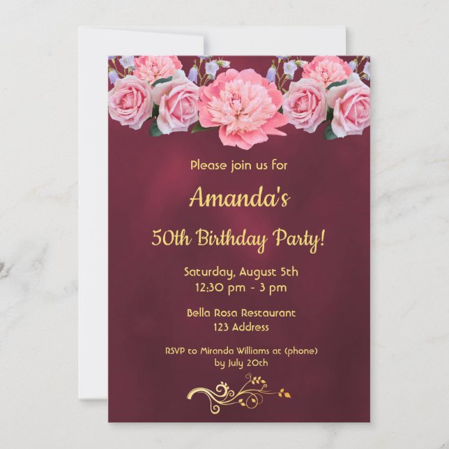50th birthday party burgundy pink flowers invitation (Front)