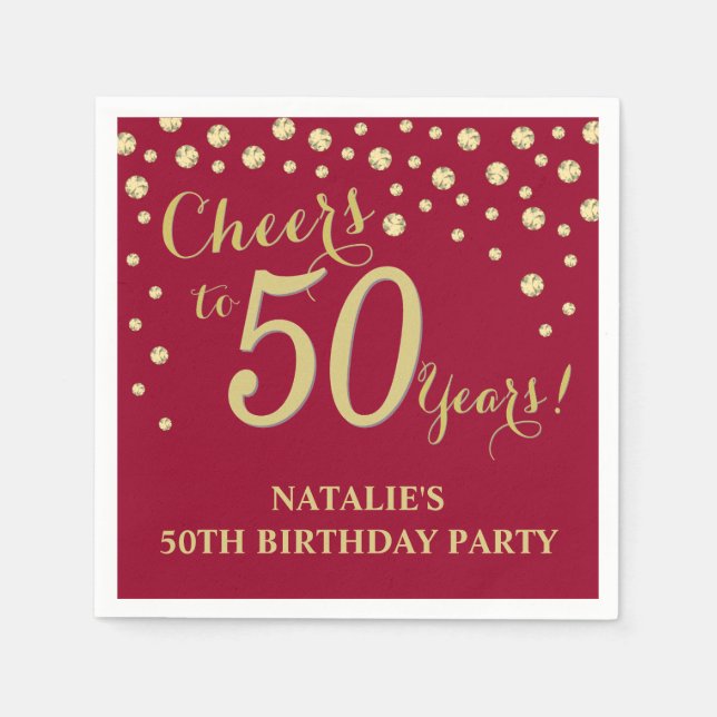 50th Birthday Party Burgundy Red and Gold Diamond Napkin (Front)
