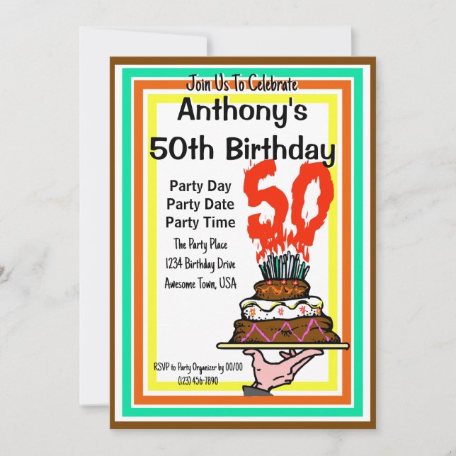 50th Birthday Party Chocolate Cake Retro Colours Invitation (Front)