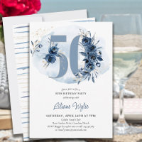 50th Birthday Party Coastal Blue Floral Number 50