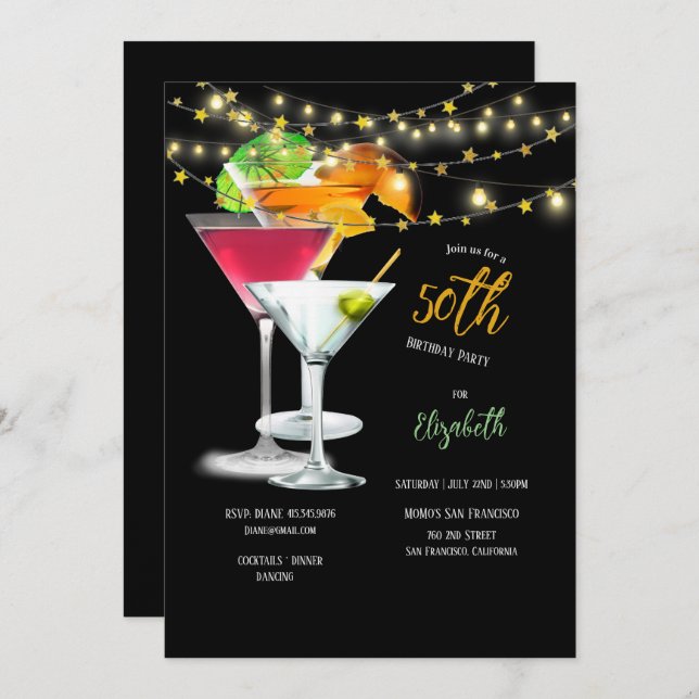 50th Birthday Party, Cocktail Glasses & Garnishes  Invitation (Front/Back)