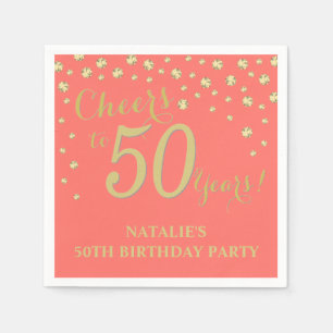 50th Birthday Party Coral and Gold Diamond Napkin