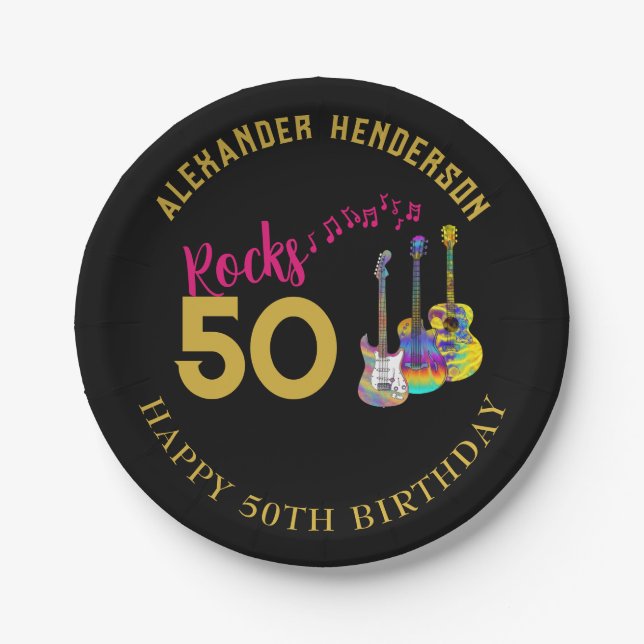 50th Birthday Party Custom Music Guitars Rocks 50 Paper Plate (Front)