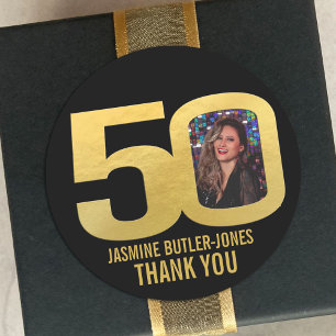 50th birthday party custom photo gold favour classic round sticker