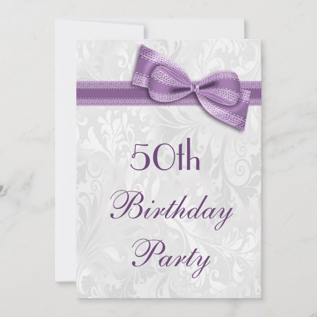 50th Birthday Party Damask and Faux Bow Invitation (Front)