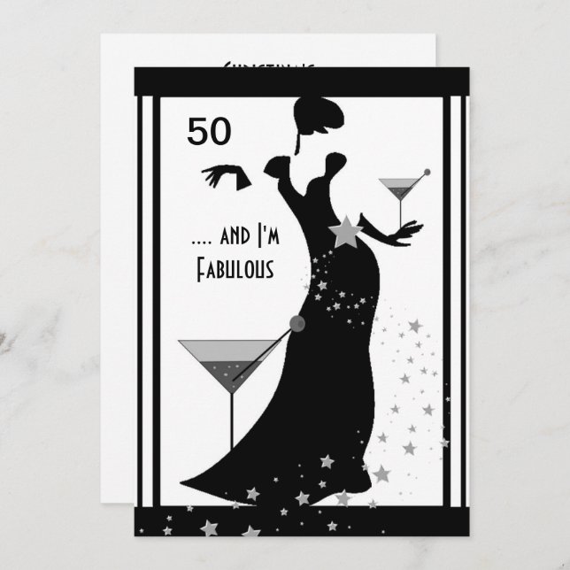 50th Birthday Party Diva Art deco Black White Invitation (Front/Back)