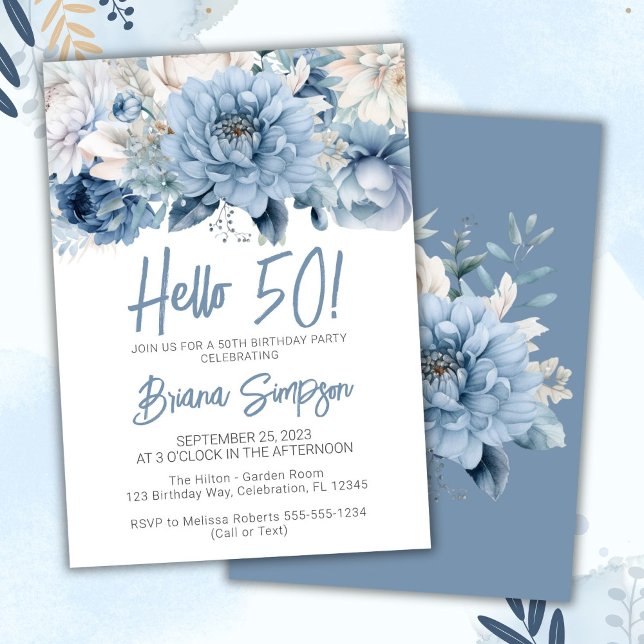 50th Birthday Party Dusty Blue Floral Invitation (Creator Uploaded)