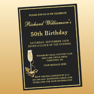 50th Birthday Party Elegant Black Gold Invitation