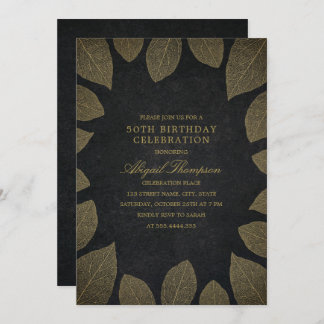 50th Birthday Party Elegant Black Gold Leaves Invitation