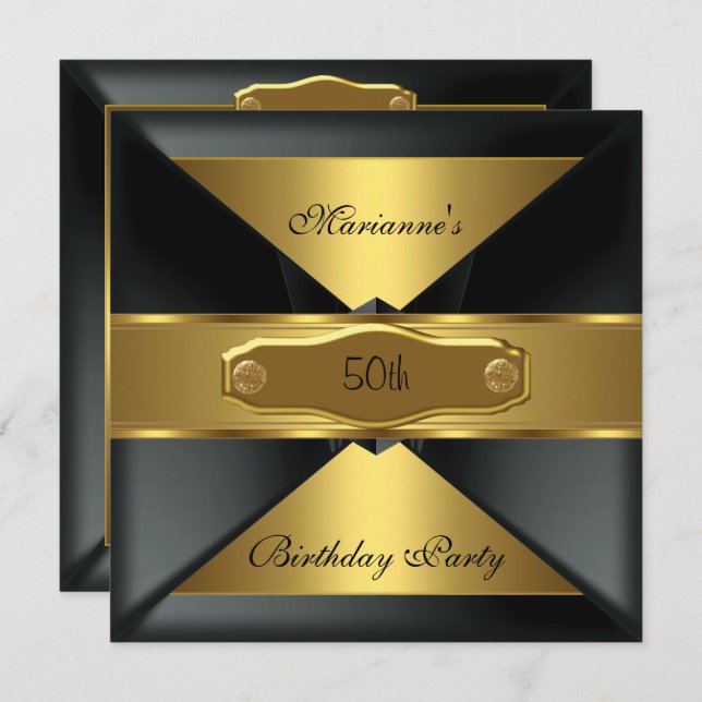 50th Birthday Party Elegant Black Gold on Gold Invitation (Front/Back)