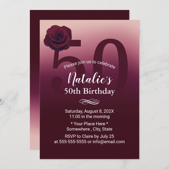 50th Birthday Party Elegant Burgundy Red Ombre Invitation (Front/Back)