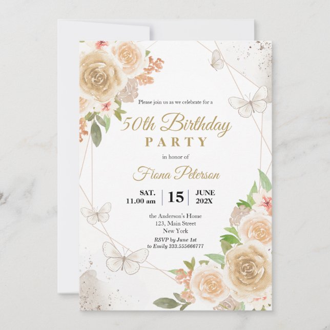 50th Birthday party Elegant floral Invitation (Front)
