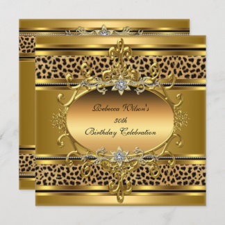 50th Birthday Party Elegant Gold Black Leopard 4 Invitation