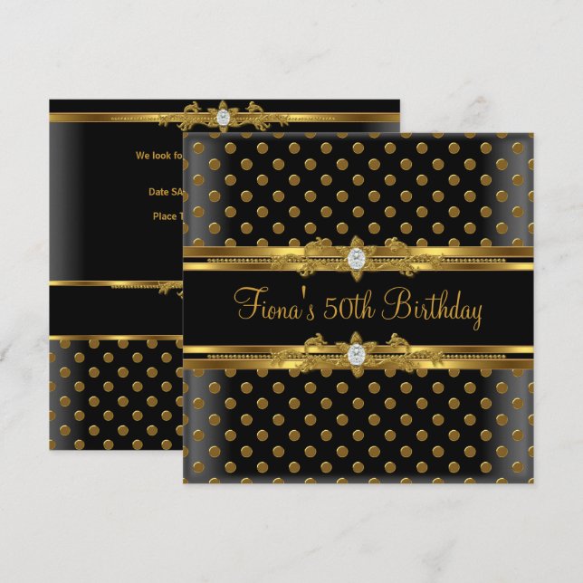 50th Birthday Party Elegant Gold Spot Black Jewel Invitation (Front/Back)
