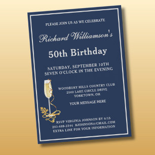 50th Birthday Party Elegant Navy Silver Invitation