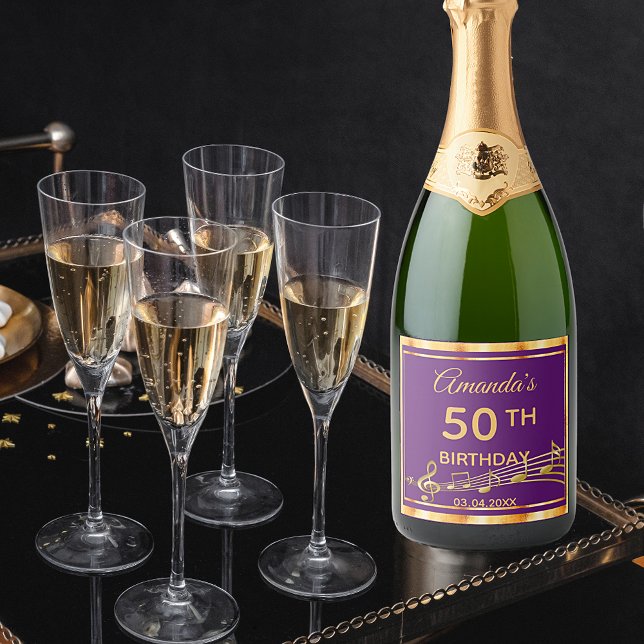 50th birthday party elegant purple and gold music sparkling wine label (Creator Uploaded)