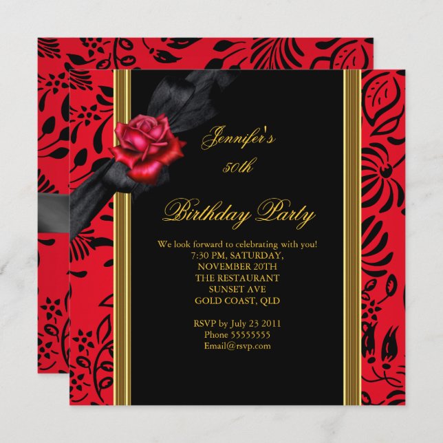 50th Birthday Party Elegant Red Damask Gold Black Invitation (Front/Back)