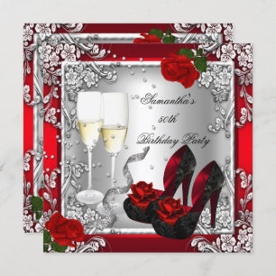 50th Birthday Party Elegant Red Rose Silver Invitation