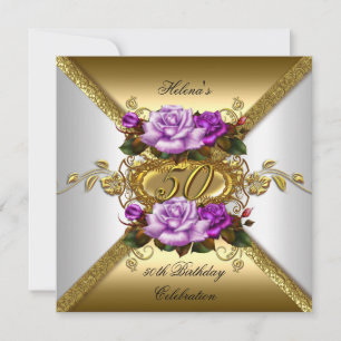 50th Birthday Party Elegant Roses Purple Gold Invitation