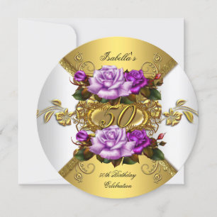 50th Birthday Party Elegant Roses Purple Gold R Invitation