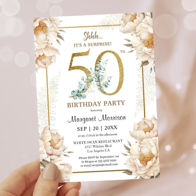50th Birthday Party Elegant White Peony Floral Invitation (Creator Uploaded)