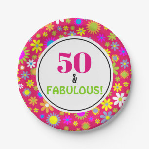 50th Birthday Party Fabulous Pink Vintage Floral Paper Plate