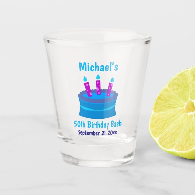 50th Birthday Party Favour Blue Cake Shot Glass (Front)