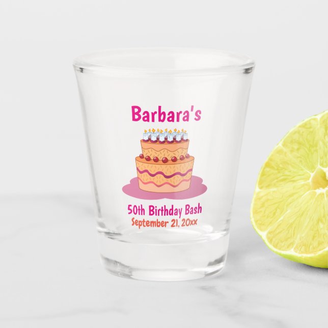 50th Birthday Party Favour Pink Cake Custom Shot Glass (Front)