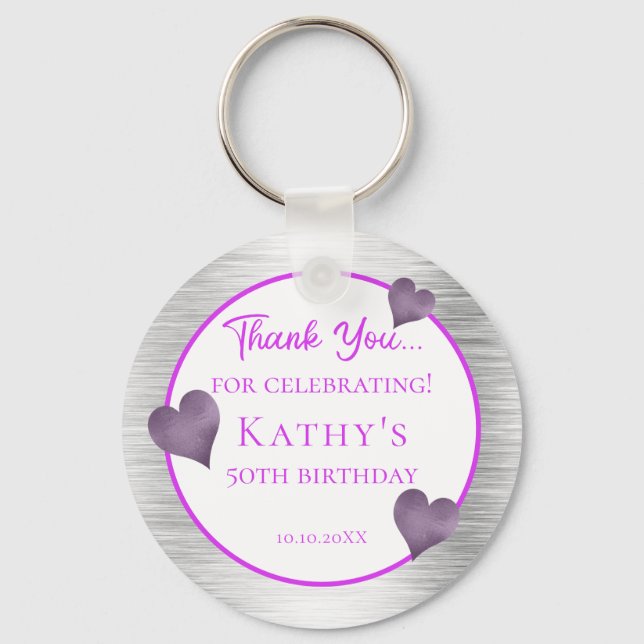 50th Birthday Party Favour Purple and Silver Key Ring (Front)