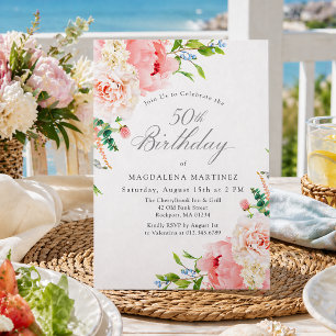 50th Birthday Party Feminine Pink Roses Floral Invitation