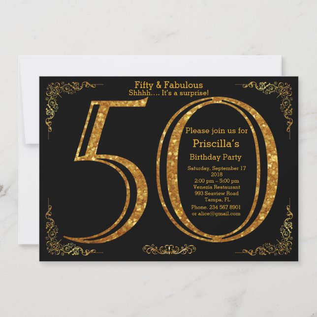 50th, Birthday party,fifty,Gatsby,black & gold Invitation (Front)