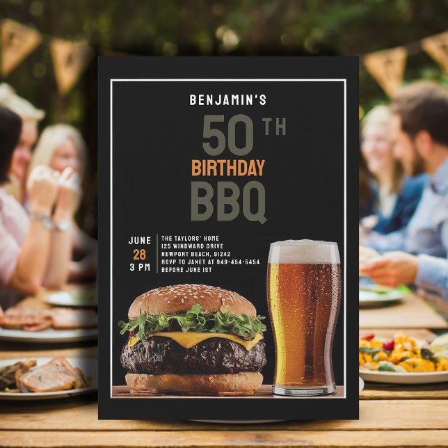 50th Birthday Party for Men Backyard BBQ Black Invitation (backyard bbq men 50th birthday invitation black orange burger beer elegant modern classy chic)