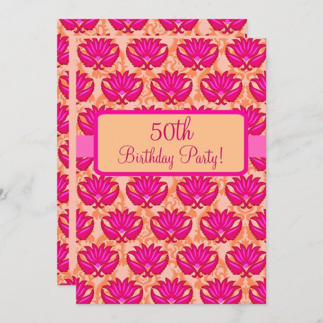 50th Birthday Party Fuchsia Pink Orange Damask  Invitation (Front/Back)