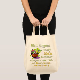 50th Birthday Party Gifts. What happens on my 50th Tote Bag
