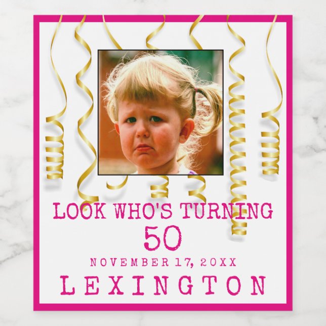50th Birthday Party Girl With Photo Select Colours Wine Label (Single Label)